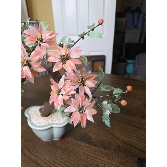 Vintage Chinese Glass Stone Jade Cherry Blossom Bonsai Tree Pink Flowers 14" - Picture 12 of 16